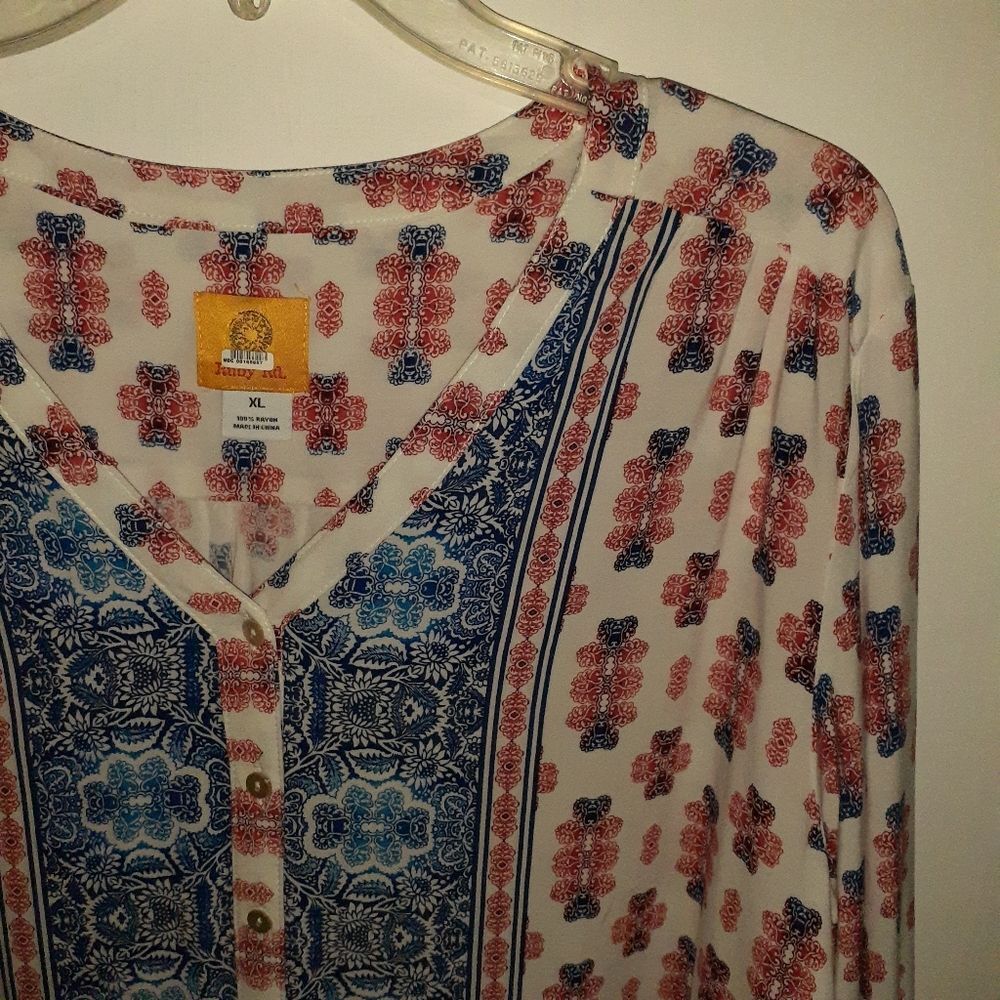 Ruby Road Tunic Top Boho Floral V-Neck Blouse Paisley Red Blue Xl Shirt Peasant - Picture 2 of 7